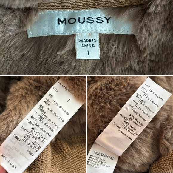 MOUSSY Faux Fur Hooded Bomber Jacket in Tan Size 1 Small Streetwear Warm Outdoor - Picture 9 of 16